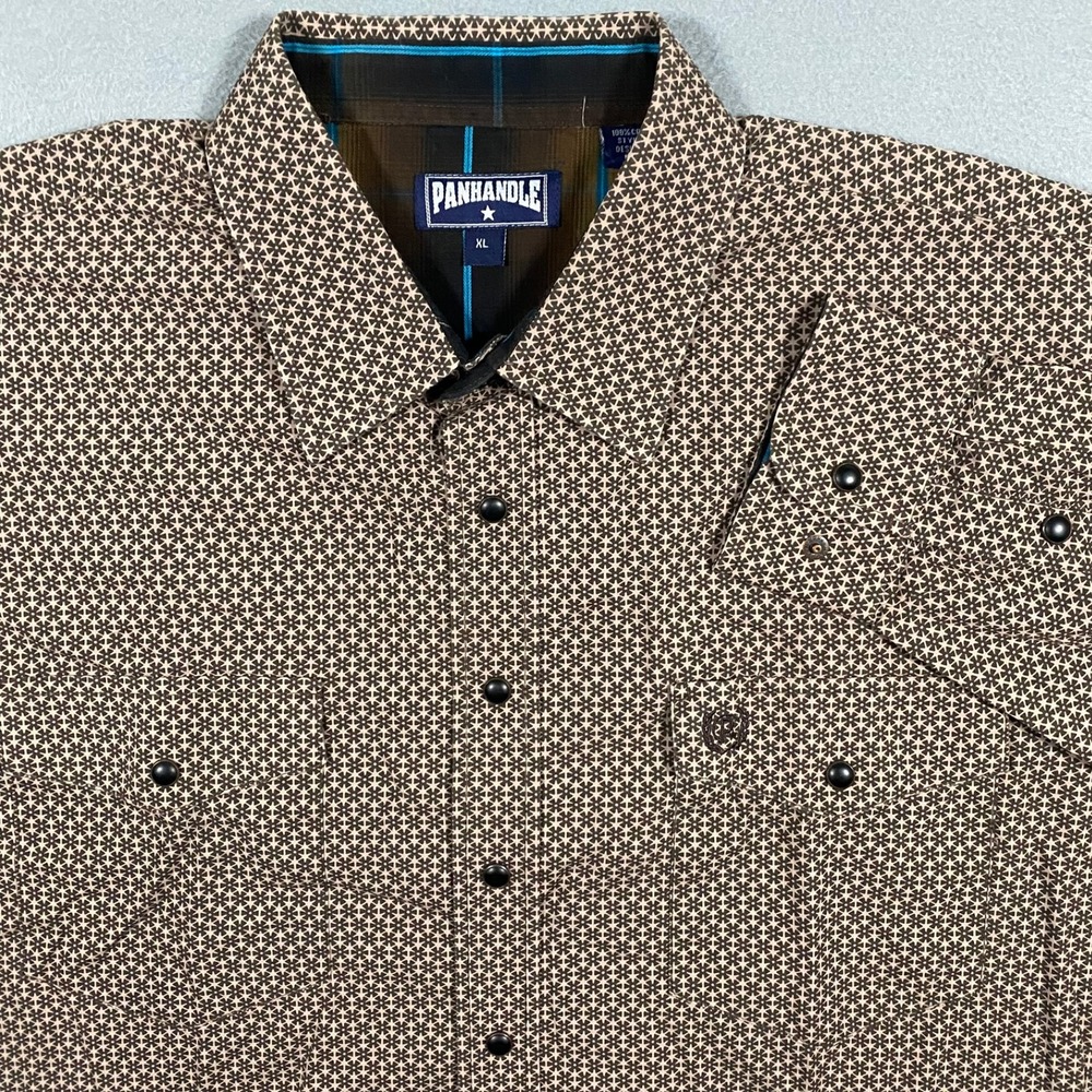 Panhandle Western Pearl Snap‎ Mens XL Brown Geometric Star Print Long Sleeve